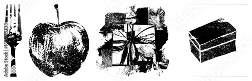 Vector illustrations of fork,, gift box, and rectangular box rendered in halftone style. graphic design with textured shading, isolated elements for UI or print use.