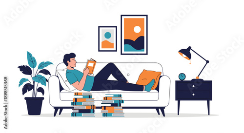 Young man relaxing on a white sofa and reading an orange book in a cozy living room with plants a lamp and framed mountain art.