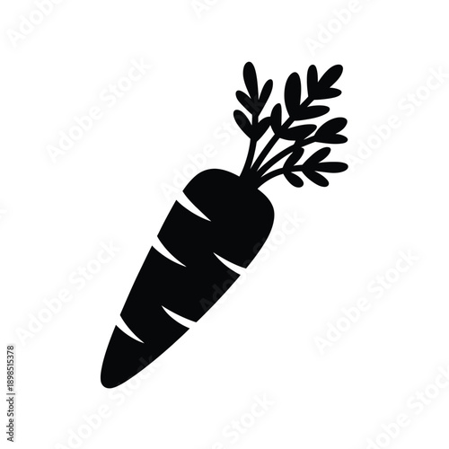 Simple black and white illustration of a single carrot with green leaves