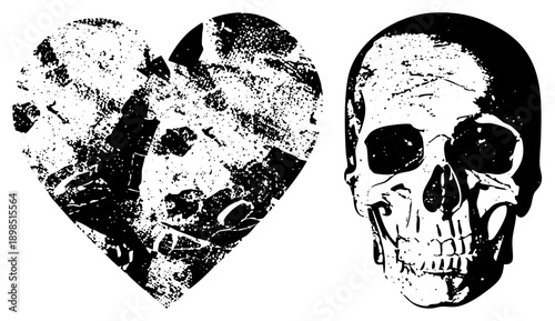 Distressed heart symbol and skull graphic, gothic art, tattoo style, illustration, punk aesthetic, emotional, vector art.