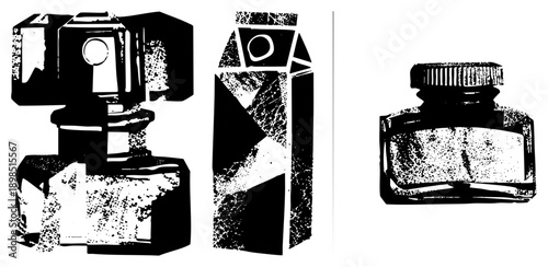 Retro camera, milk carton, ink bottle, halftone texture, black and white vector, graphic design elements, isolated objects, stylized shapes.