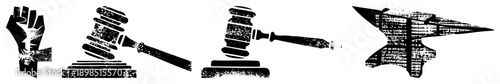 Raised fist symbolizing resistance, gavel for legal, anvil for forging strength, all rendered in gritty vector style.