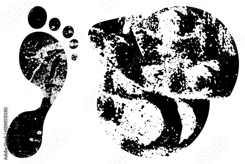 Distressed footprint trail leading to globe, travel, wanderlust symbol, halftone earth, gritty journey motif, wanderer’s path, eco conscious design.