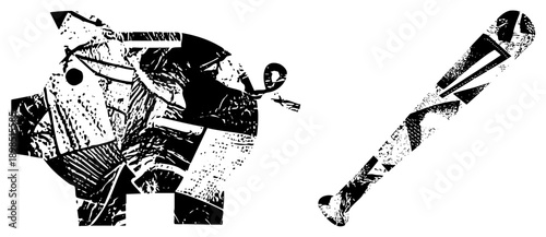 Black and white vector illustration of piggy bank and baseball bat with distressed textures, graphic design, isolated objects, financial savings, sports equipment, halftone effect.