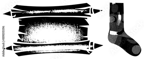 Graphic design featuring stylized brushstrokes and halftone sock, vector art, black and white, artistic composition, isolated elements.