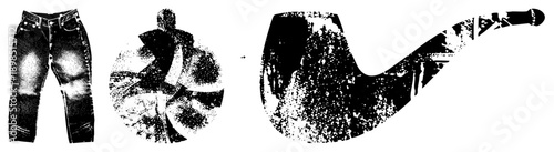 Distressed denim jeans with fading, stylized human silhouette in circular frame, classic tobacco pipe with textured bowl all rendered in halftone dot, vector graphic, isolated elements.