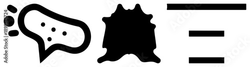 Black silhouette megaphone with sound dots, irregular hide shape, three bars. Flat vector design for UI, web, or print. Isolated elements, no background.