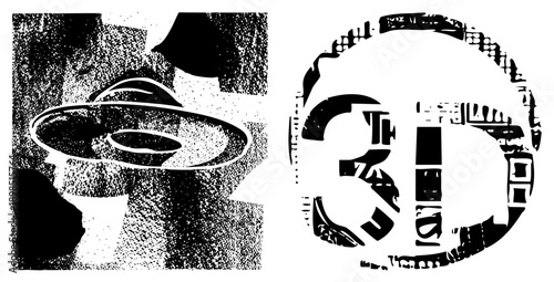Stylized flying saucer with halftone texture, circular 3D text logo, graphic design elements, vector art, black and white, retro sci fi aesthetic.