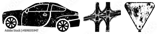 Distressed black and white vector sedan silhouette, overpass junction, triangular yield sign. Urban traffic symbols with grunge texture, isolated foreground elements.