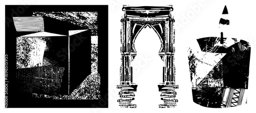 Three stylized shapes rendered in halftone, geometric cube, Gothic arch, cylinder, vector graphic, black and white, artistic composition.