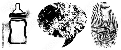 Three isolated vector baby bottle with nipple, textured globe, fingerprint swirl. halftone style, graphic design elements for UI or print.