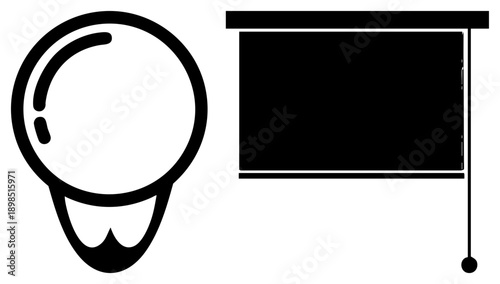 Simple black stylized lightbulb with, window blind with pull cord, flat vector design, graphic symbols for UI or signage.