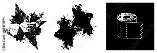 Vector graphic trio fragmented starburst, ink blot splatter, and rolled tape cutout. High contrast, stylized textures, graphic design elements.