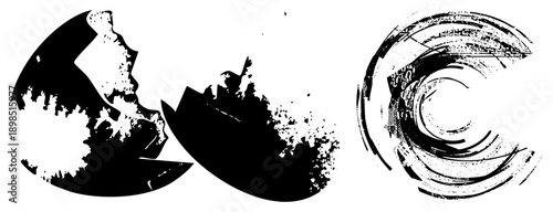 Shattered pieces with splintered edges, grungy circular swirls, vector art, distressed texture, graphic design element.