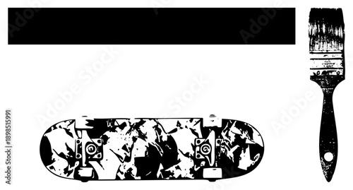 Stylized skateboard with abstract graffiti design, paintbrush tool, urban art elements, street culture, black and white vector graphic.