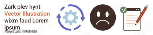 Workflow management, evaluation processes, feedback collection, task completion, project planning, productivity tools. Gear, sad face and checklist visuals. Workflow management and evaluation