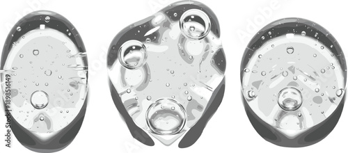 Set of clear liquid gel droplets with air bubbles isolated on white for skincare cosmetic and laboratory research design