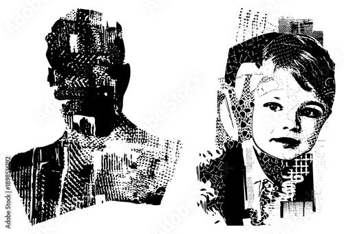 Vector halftone portraits of male and child busts, stylized graphic art, print, screen printed effect, isolated figures, artistic illustration.
