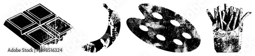 Black and white halftone vector of chocolate bar, banana, artist palette, and french fries, isolated elements, graphic design assets, stylized food and art tools.