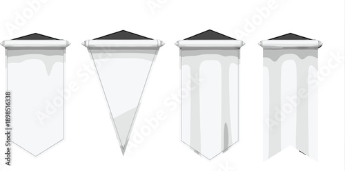 Set of blank white vertical fabric banners and pennants hanging on rollers for medieval flags and advertising mockup designs
