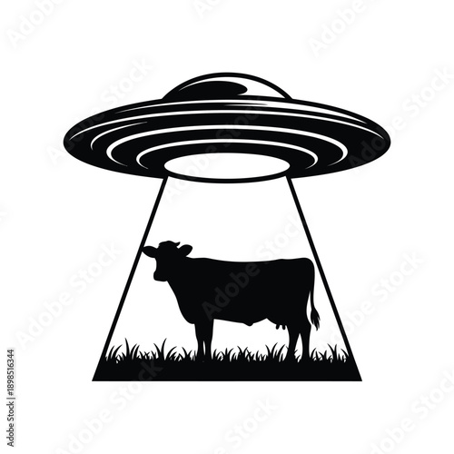 A black silhouette of a cow being abducted by a ufo