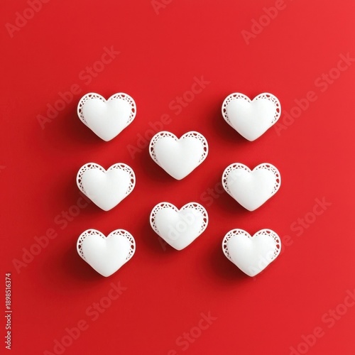 White heart decorations on a red background in a grid pattern.