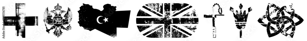 Obraz premium Distressed national flags and emblems, including Montenegro, Turkey, UK, and ancient symbols, rendered in with textured.
