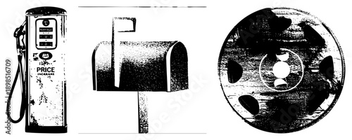 Retro gas pump with "PRICE INCREASE" sign, classic mailbox with flag, film reel with holes all in halftone vector style, isolated elements for design use.