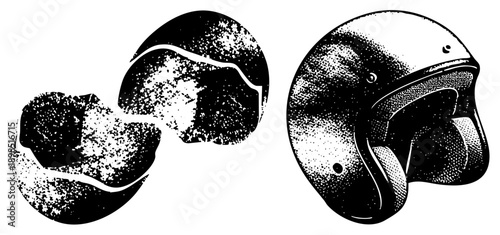 Classic open face motorcycle helmet rendered in halftone dot, isolated vector graphic, retro motorbike gear, vintage protective headwear, black and white illustration.