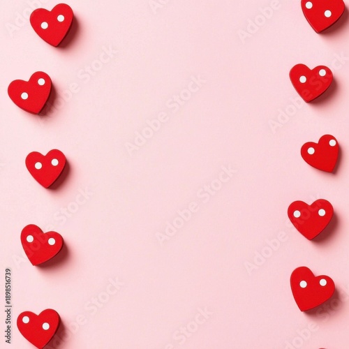 Red wooden hearts arranged on a pink background.