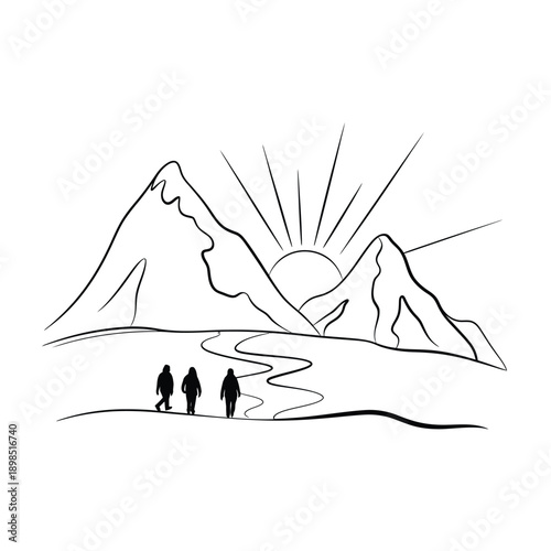 Minimalist drawing of hikers walking towards a sunrise over mountains