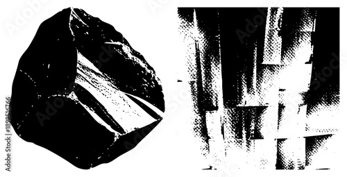 Bold black and white vector shapes with halftone texture, abstract composition, graphic design elements, stylized forms, isolated vector art, modern minimalism, digital illustration.