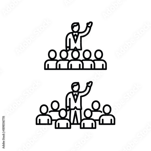 Speaker addressing a crowd illustrated with simple line art icons