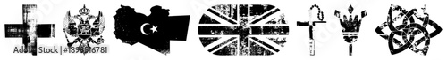 Distressed national flags and emblems, including Montenegro, Turkey, UK, and ancient symbols, rendered in with textured.