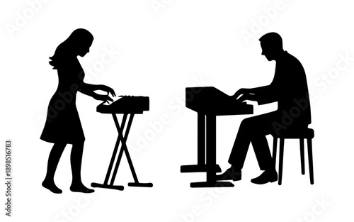 Female and male pianist playing electric keyboard musical performance silhouette