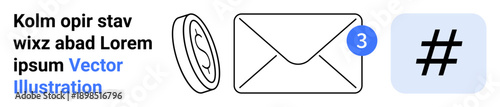 Envelope with notification badge, dollar coin, and metadata tag icon. Ideal for messaging, social interaction, financial services, email marketing, tech concepts, notifications simple landing page