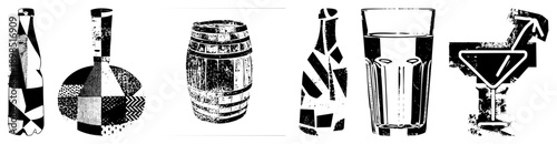 Retro glass bottles, wooden barrel, cocktail glass, and water tumbler rendered in halftone, featuring geometric and distressed textures for vintage aesthetic.