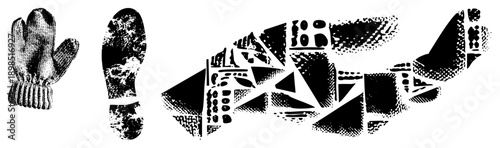 Knitted mitten with ribbed cuff, textured footprints, halftone, vector illustration, winter gear, graphic design element.