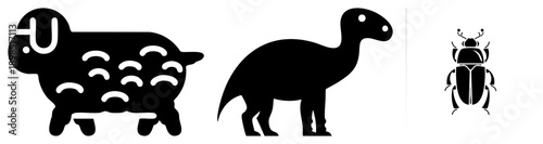 Stylized animal sheep with curved wool, dinosaur silhouette, beetle cutout, all in flat black vector design, isolated on transparent background.