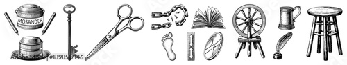 Classic stationery and artisan tools including quill pen, inkwell, scissors, spinning wheel, open book, footprint symbol, antique key all rendered in vector style.