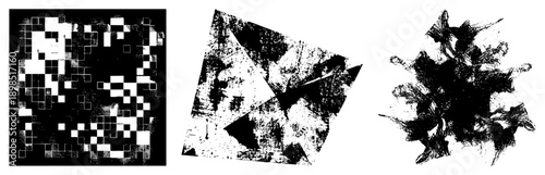 Fragmented pixelated grids, angular fractured shapes, chaotic brushstroke clusters, vector design, digital glitch art, graphic texture.