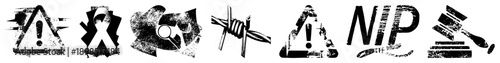 Weathered warning signs, hazard symbols, NIP acronym, barbed wire, judicial gavel, distressed textures, gritty vector.