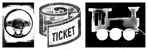 Retro halftone graphic set car steering wheel, ticket roll, toy train. Classic dot,, isolated vector for design.