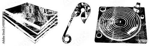 Black and white halftone vector illustration of vinyl records, safety pin, and turntable, graphic design elements, music industry, isolated foreground objects.