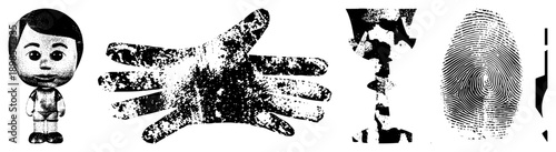 Cartoon child figure with halftone texture, distressed handprint silhouette, fragmented glyph shapes, fingerprint swirls, isolated vector elements.