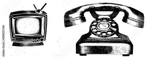 Classic TV set with antenna and rotary telephone, analog era tech, retro communication tools, black and white halftone illustration, nostalgic equipment.