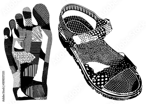 Graphic design of foot and sandal with halftone, vector art,, stylized footwear, isolated silhouette, fashion illustration, texture.