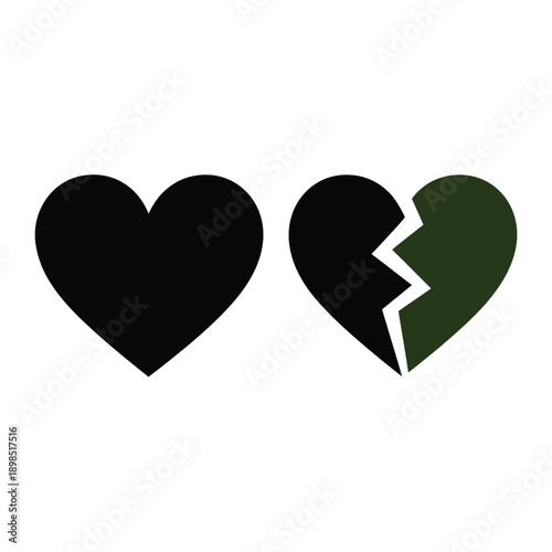 A whole black heart beside a broken two toned heart illustration