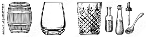 Hand drawn bar tools including wooden barrel, etched glassware, glass bottles, and dropper spoon, classic cocktail equipment, vintage illustration, bar accessories.