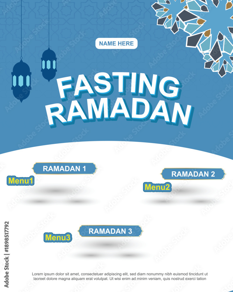 Obraz premium Clean blue themed Ramadan promotional social media post With lantern silhouettes and geometric star ornaments for Ramadan Celebration and breaking fast celebration events.